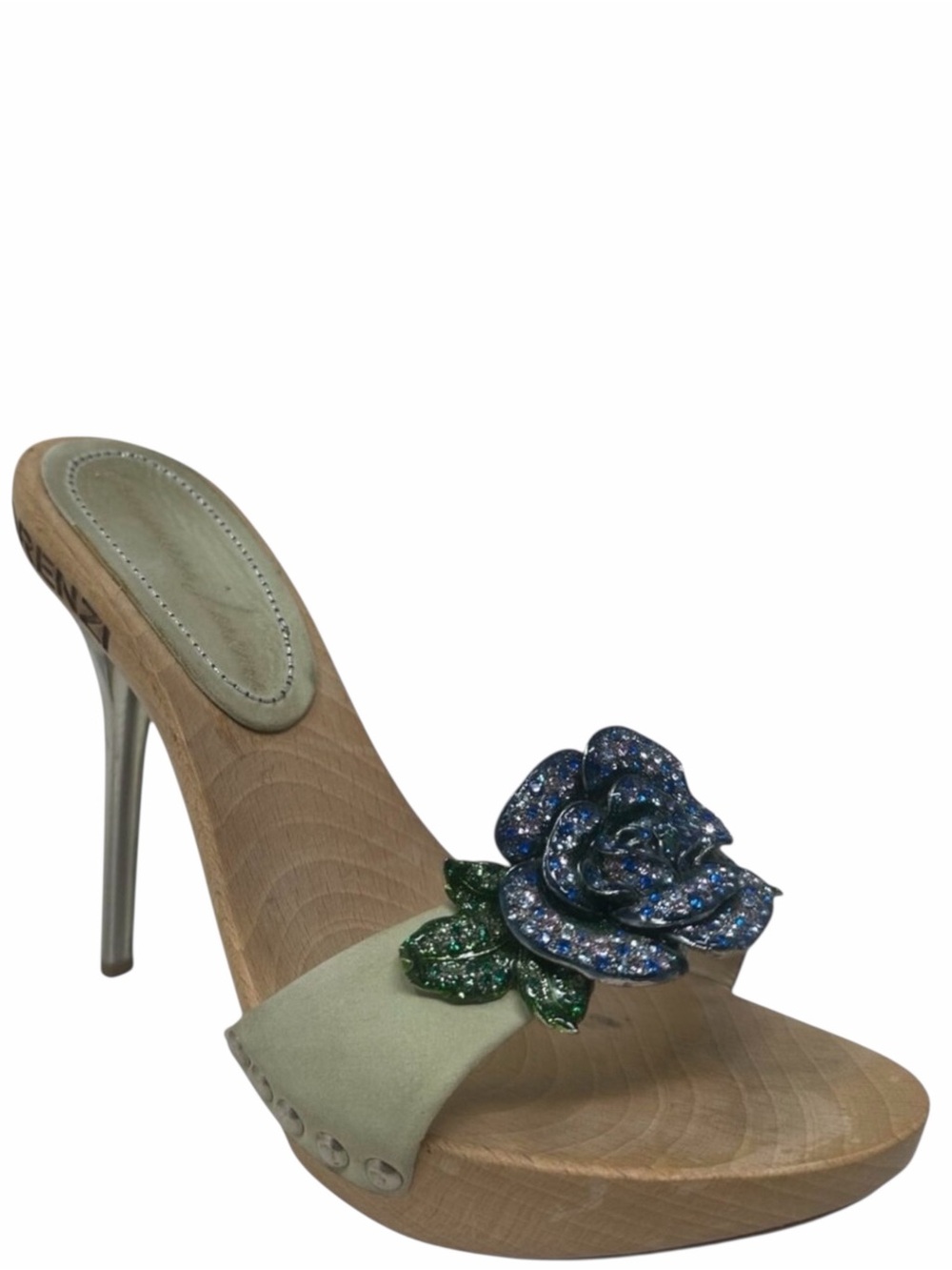 Rare Gianmarco Lorenzi Crystal Flower Wooden Platform Mules 36 / 6
